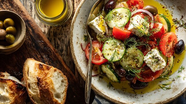 Vibrant Greek salad featuring fresh cucumbers, ripe tomatoes, black olives, and feta cheese.