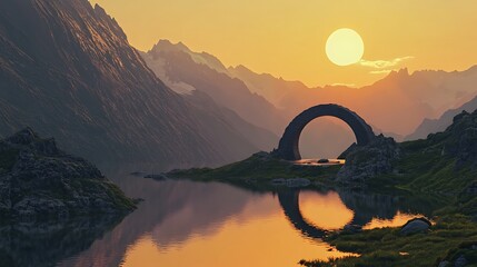 Sunset over mountain landscape with stone bridge and lake reflection