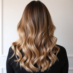 Naklejka premium Woman with long blonde balayage hair shows off soft waves. Healthy hair has natural highlights. Modern beauty trend emphasizes natural looks.