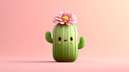 Cute Cactus with Flower on Pink Background