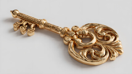 Ornate Golden Key on White Background