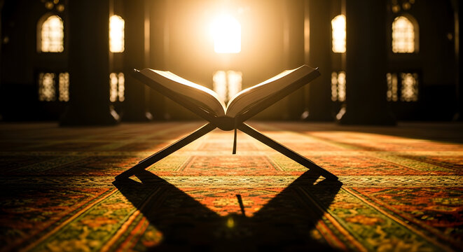 Open book on bookstand on prayer mat in mosque interior with sunlight shining through