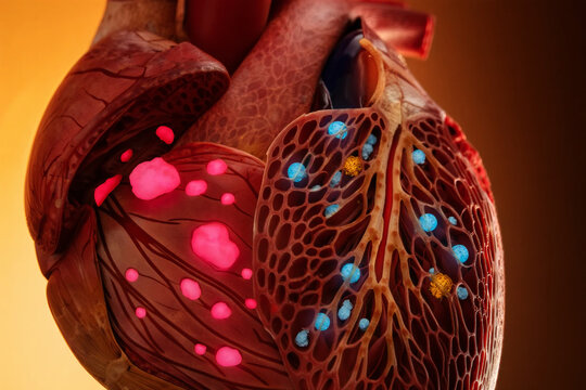 Futuristic Progeria Treatment Hologram Close up of human heart anatomy with glowing red and blue