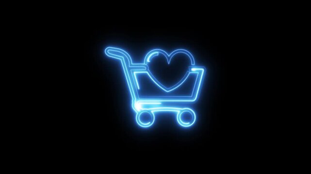 Glowing Neon Shopping Cart with Heart Icon, Symbolizing Online Shopping Love and E-commerce Passion, Dark Background