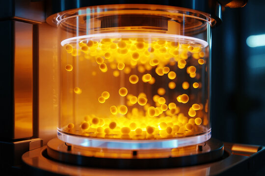Futuristic Progeria Treatment Hologram Glowing yellow spheres suspended in a clear cylindrical