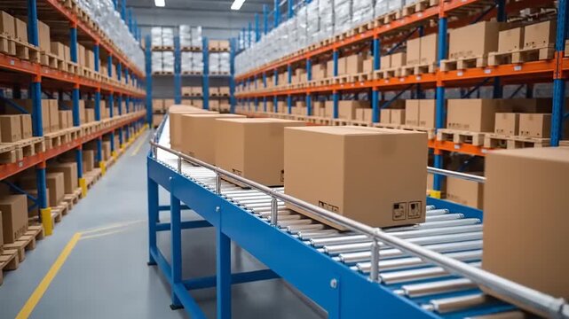 Modern warehouse conveyor belt with cardboard boxes ready for shipping