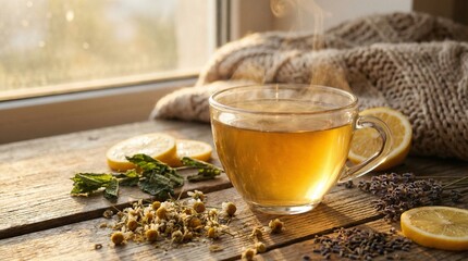 Fototapeta premium Steaming herbal tea in glass cup on rustic wooden table next to window