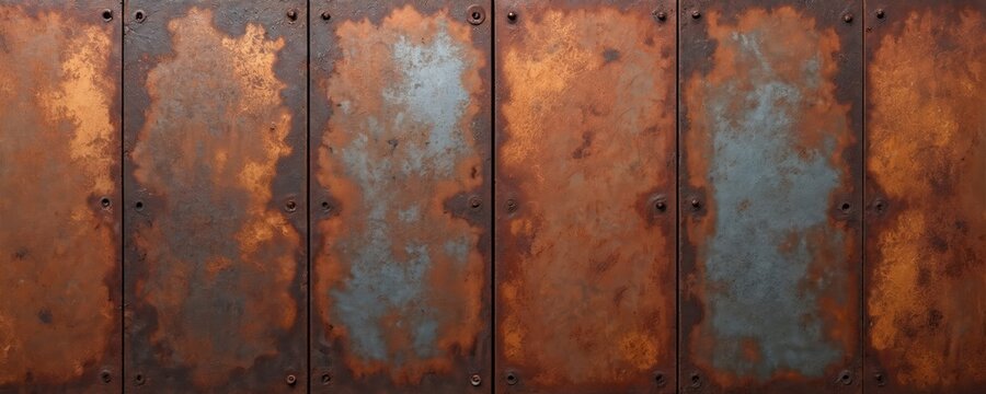 Detailed close-up of weathered corten steel panels showing rich orange rust patina, subtle blue grey undertones. Seams, rivets suggest industrial construction, perfect for grunge vintage backgrounds.