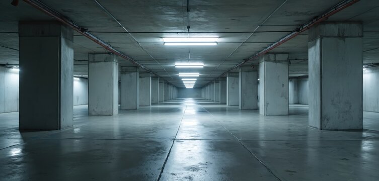 Long empty underground parking structure with concrete pillars and bright fluorescent lights. The industrial style garage has a polished wet floor reflecting light and extending into the distance.