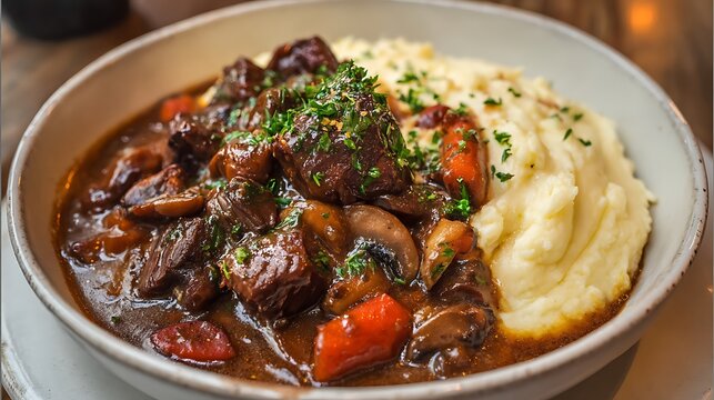 Beef stew with mashed potatoes provides a hearty meal visual for food marketing banners.