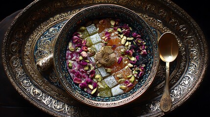 Turkish delight squares with pistachios and rose petals served in an ornate metal bowl.
