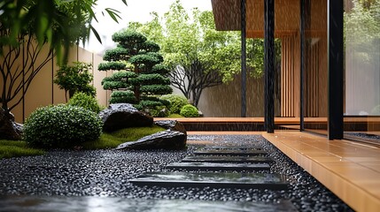 Tranquil japanese garden landscape with stone path and lush greenery