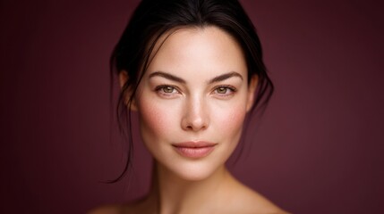 Fototapeta premium Portrait of a young woman with smooth skin and captivating gaze, featuring natural makeup and soft lighting against a rich burgundy backdrop