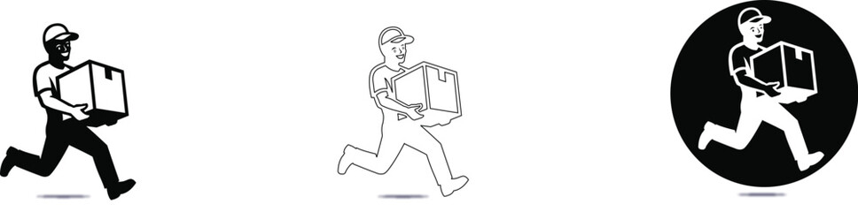 icons Delivery man running with a package set of icons for express shipping and logistics services isolated on white