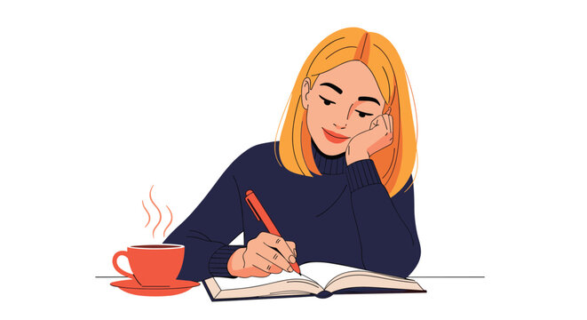 Relaxed young woman with blond hair leaning on her hand and writing in a journal while enjoying a hot cup of coffee.