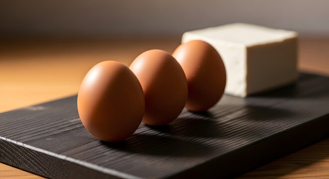 Three Brown Eggs on Black Tray.