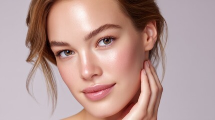 Fototapeta premium Beautiful young woman with flawless skin and natural makeup showcasing a soft glow in a studio setting for beauty and skincare concepts