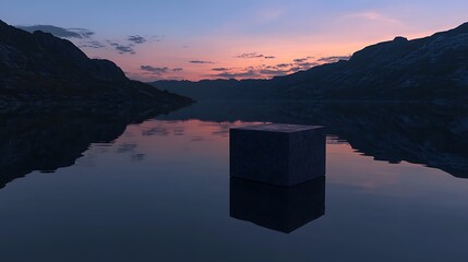 Tranquil lake scene with mountains and floating cube under dramatic sky
