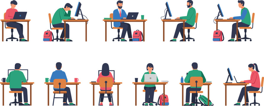Office workers sitting at desks using computers in various positions modern workplace daily routine flat vector illustration