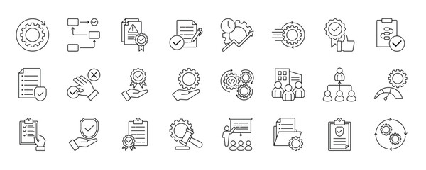 SOP (Standard Operating Procedure) collection set. Containing process, guidelines, workflow, compliance, documentation, efficiency, consistency, quality, procedure, policy icon and more.