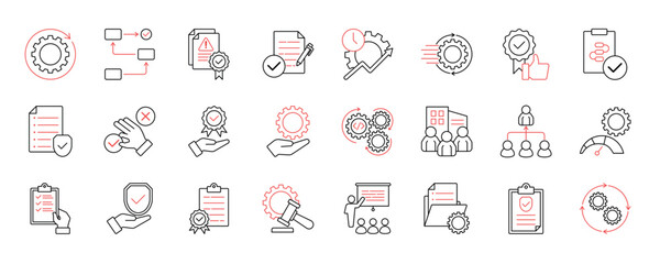 SOP (Standard Operating Procedure) collection set. Containing process, guidelines, workflow, compliance, documentation, efficiency, consistency, quality, procedure, policy icon and more.