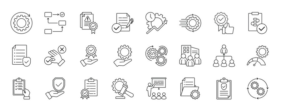SOP (Standard Operating Procedure) collection set. Containing process, guidelines, workflow, compliance, documentation, efficiency, consistency, quality, procedure, policy icon and more.