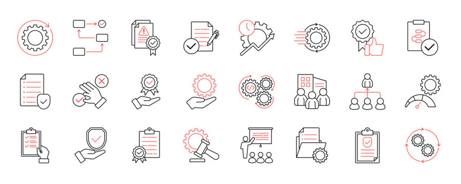 SOP (Standard Operating Procedure) collection set. Containing process, guidelines, workflow, compliance, documentation, efficiency, consistency, quality, procedure, policy icon and more.