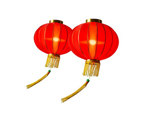 Obraz premium Pair of traditional Chinese red lanterns with golden tassels isolated on transparent background, festive decoration for celebration