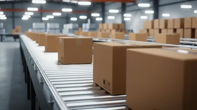 Automated warehouse logistics boxes on a continuous conveyor belt system