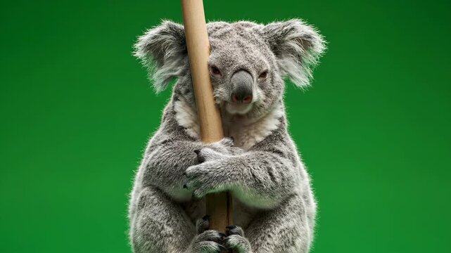A koala hanging from a wooden stick, showcasing wildlife in a natural setting, captured from a frontal viewpoint.