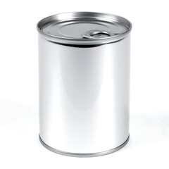 Silver metal can with a smooth, blank label, isolated on white. Simple, clean product shot of a food storage container