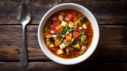 Hearty vegetable minestrone soup rests in a white bowl beside a silver spoon on wood.