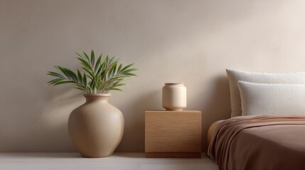 Modern Minimalist Bedroom with Natural Elements, Featuring Neutral Tones, Plant, Decorative Vase, and Soft Textiles for a Serene Atmosphere
