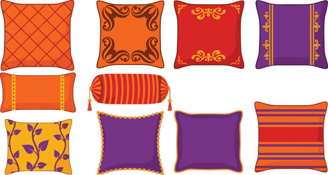 Decorative pillow cushion vector set with colorful ethnic patterns square and rectangle shapes isolated on white background illustration