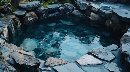 Tranquil outdoor pool of clear water surrounded by rocks and stones