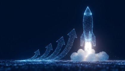 Digital rocket launch signifies rapid business growth with upward trending arrows. Abstract tech background with connected dots, lines creates futuristic concept for success. Boosting development