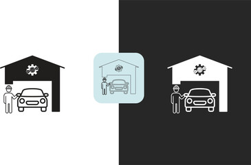 icons Car in garage with mechanic icon simple line art and silhouette design for automotive service and repair concepts isolated on white and black backgrounds