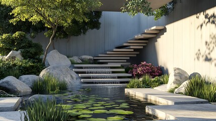 Tranquil outdoor scene with water feature stone steps and lush greenery