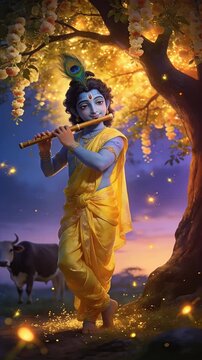 Lord Krishna Playing the Flute Under a Kadamba Tree at Twilight with Peacock Feather, Cow, Fireflies, and Soft Light Rays