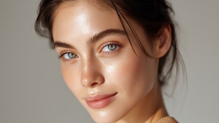 Naklejka premium Portrait of a young woman with glowing skin and captivating blue eyes, showcasing natural beauty, soft lighting, and a serene expression on a neutral background