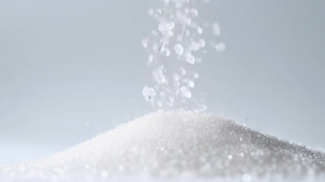A pile of salt being poured from above, creating a cloudy effect in the air, captured from a low angle.