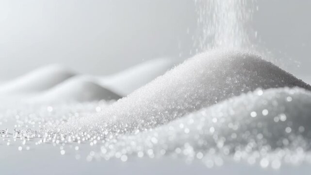 Powder being poured onto a pile of white granular substance from above viewpoint
