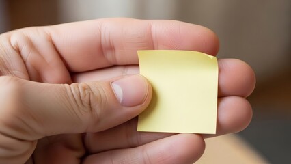 Hand holding small yellow sticky note.