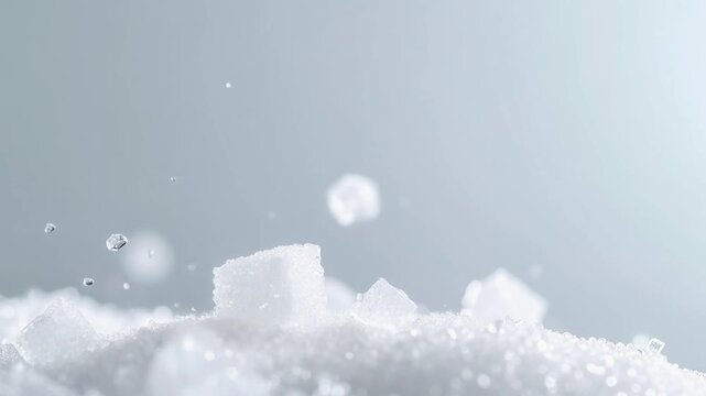 Ice cubes falling into a pile of crushed ice on a gray background from a high viewpoint