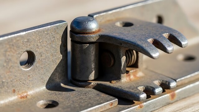 Worn metal hinge detail with spring mechanism, antique hardware concept