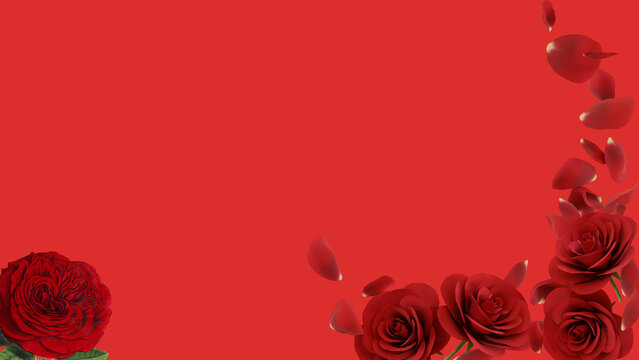 A vibrant display of red roses and falling petals on a plain red background, perfect for romantic or celebratory themes