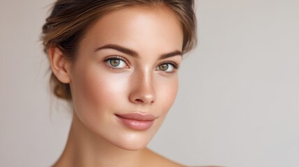 Obraz premium Beautiful young woman with glowing skin, light makeup, and gentle expression, showcasing natural beauty and confidence in a minimalistic background