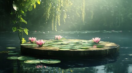 Tranquil water scene lotus flowers on a wooden platform with sunlight