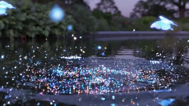 Magical Fairy Lights Dance on Water Surface, Enchanted Pond at Twilight