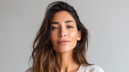 Fototapeta premium Natural Portrait of Confident Young Woman with Long Hair Smiling Gently Against Neutral Background in Bright Soft Light